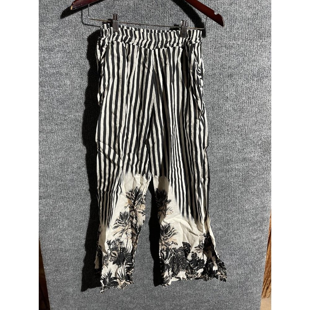 Cecile Wang Pants Womens One Size Black Linen Striped Wide Leg Tropical Italy